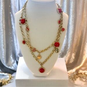 Tory Burch Gold Charm Necklace Red Cabochon Logo Medallion Layered